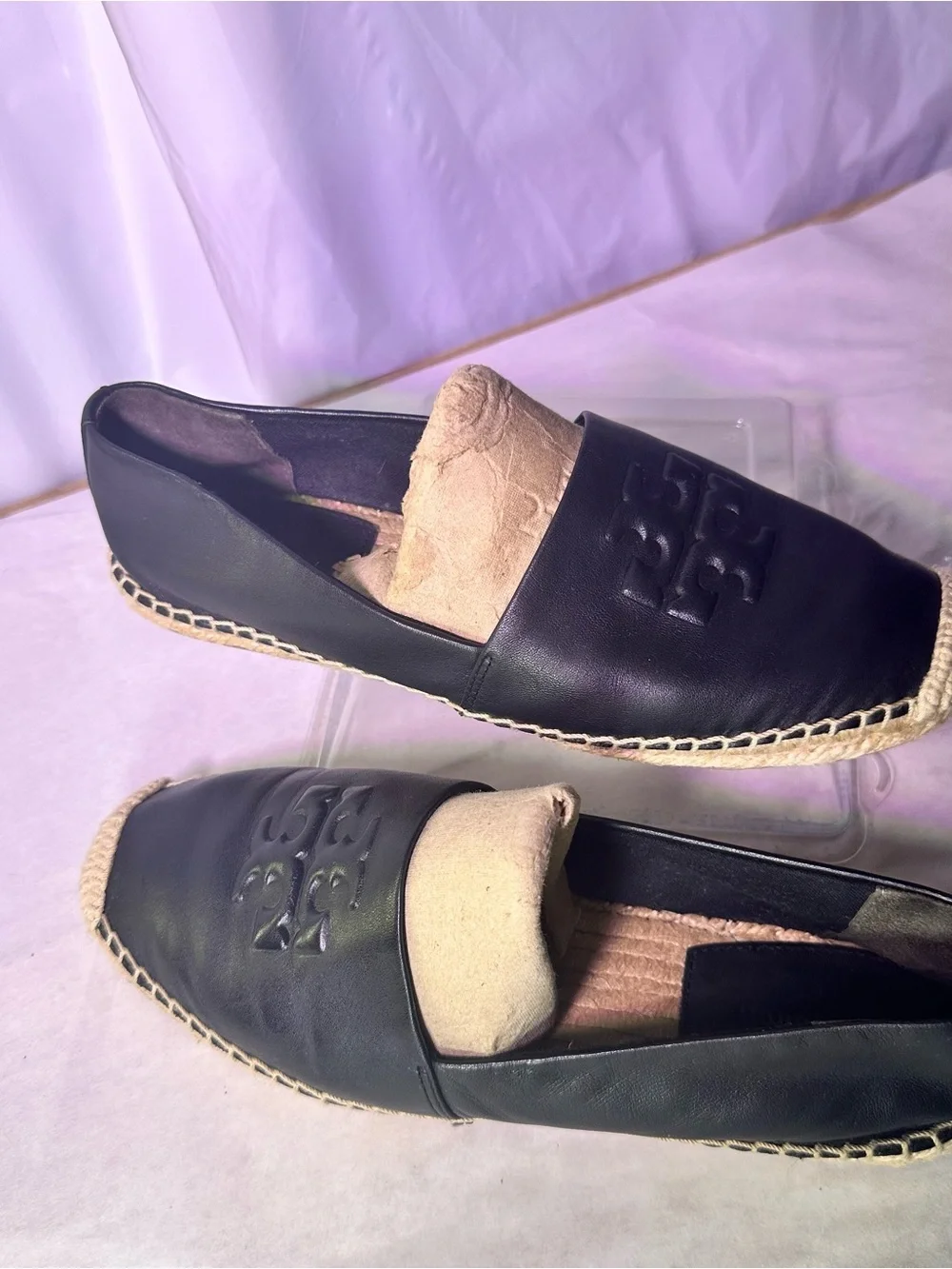 Tory Burch Black Leather Espadrille-Trim Loafer - Picture 3 of 16